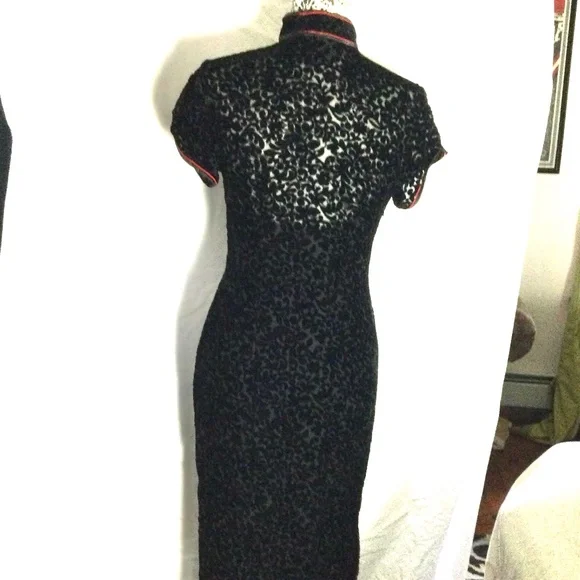 Vintage CITY  of SHANGHAI 100% Silk Black w/ red trim L - Picture 4 of 13